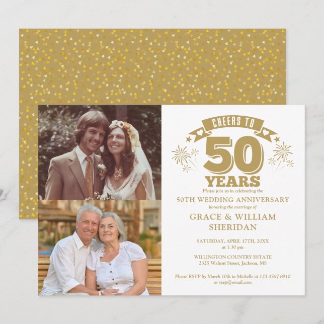 Cheers To 50th Wedding Anniversary 2 Photo Invitation (Front/Back)