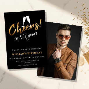 Cheers to 53 Years Gold Black Adult Birthday Photo Invitation