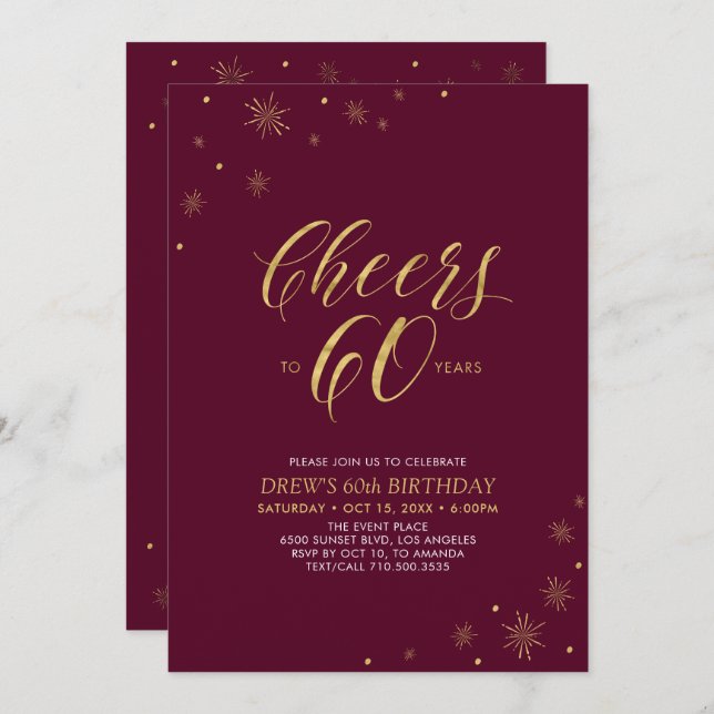 Cheers to 60 | Gold & Burgundy 60th Birthday Party Invitation (Front/Back)