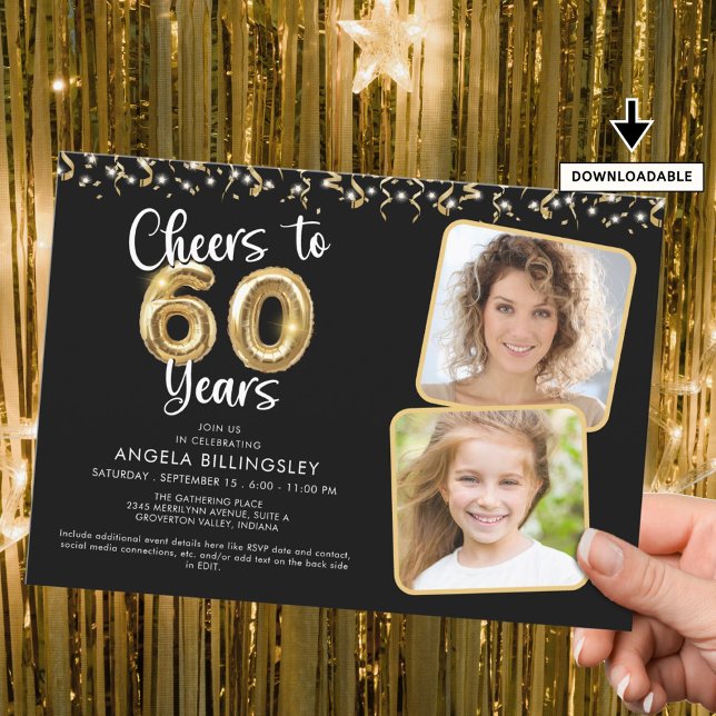 Cheers to 60 Years 2 Photo Script Balloon Confetti Invitation (Creator Uploaded)