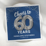 Cheers to 60 Years Adult Birthday Napkin<br><div class="desc">Elegant sixtieth birthday party napkins featuring a stylish blue background that can be changed to any colour,  silver sparkly glitter,  the saying "cheers to 60 years" using sixty silver hellium balloons,  their name,  and the date of the celebration.</div>