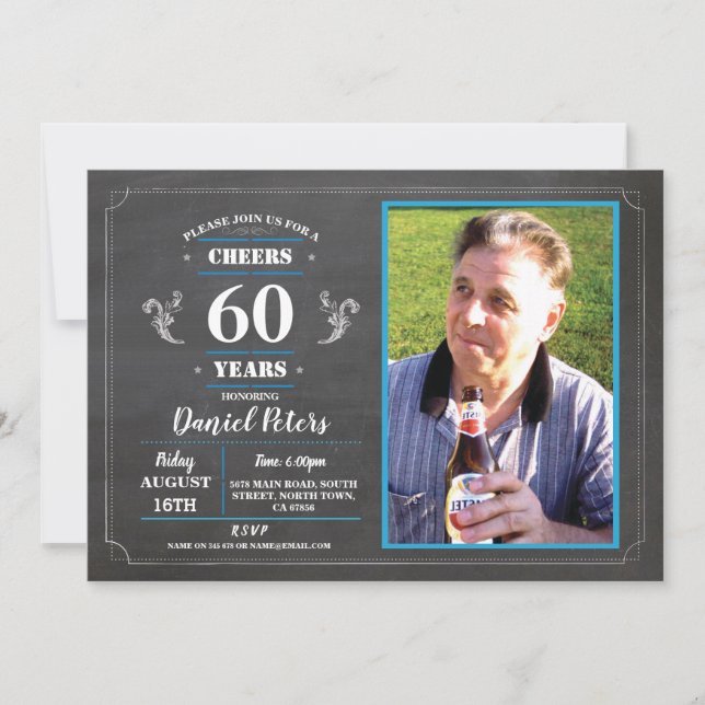 Cheers to 60 Years Birthday Chalk Rustic Photo Invitation (Front)