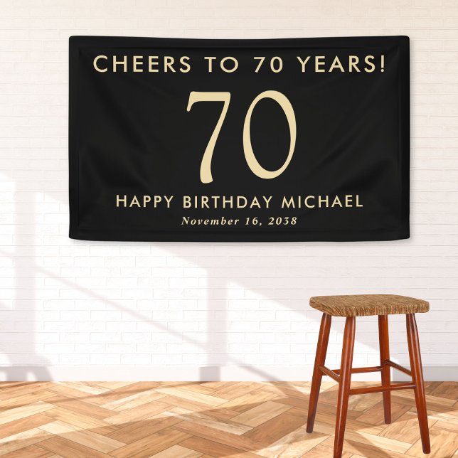 Cheers To 60 Years Black Gold 70th Birthday Party Banner (Creator Uploaded)