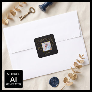 Cheers to 60 years Black Gold Photo Elegant Square Sticker