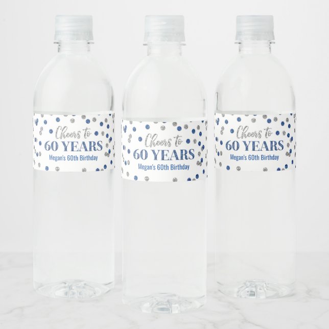 Cheers to 60 Years Blue Silver Confetti Birthday Water Bottle Label (Bottles)