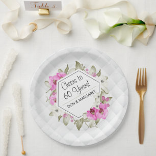 Cheers to 60 Years Diamond Geometric Pink Custom Paper Plate