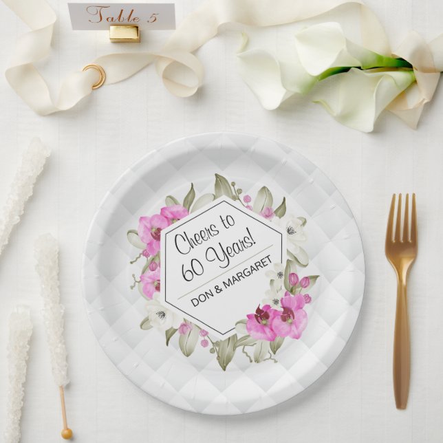 Cheers to 60 Years Diamond Geometric Pink Custom Paper Plate (Wedding)