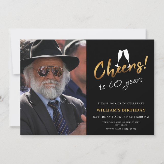 Cheers to 60 Years Gold Black Adult Birthday Photo Invitation (Front)