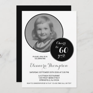 Cheers to 60 Years Photo Black and White Invitation