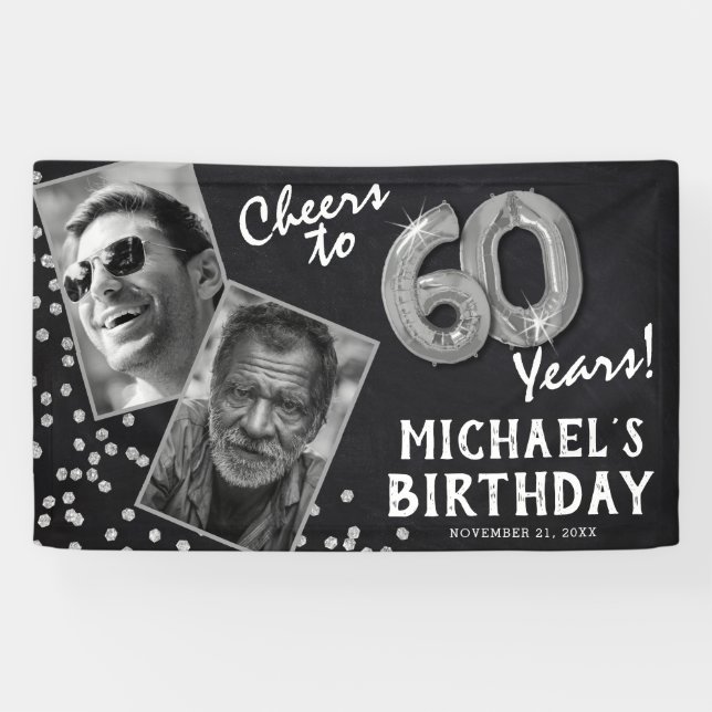 Cheers to 60 Years Silver Balloon 2 Photo Birthday Banner (Horizontal)