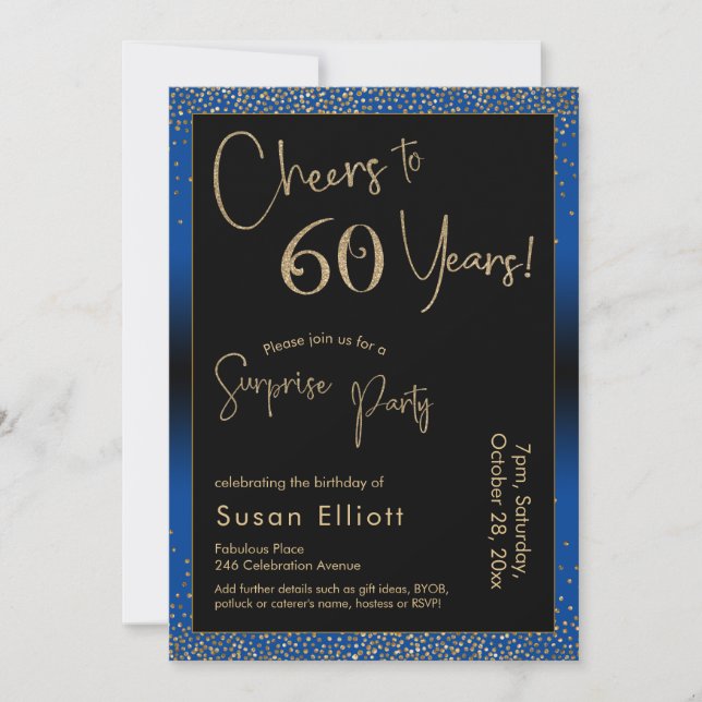 Cheers to 60 Years Surprise Birthday Party Blue Invitation (Front)