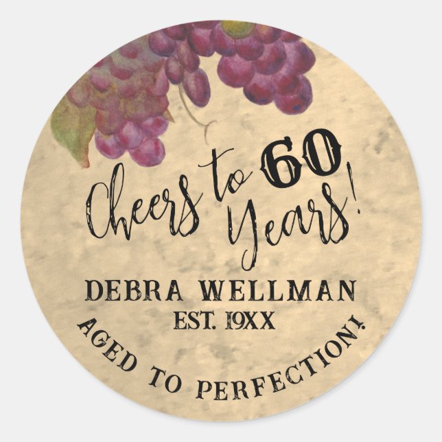 Cheers to 60 years Watercolor Vineyard Classic Round Sticker (Front)