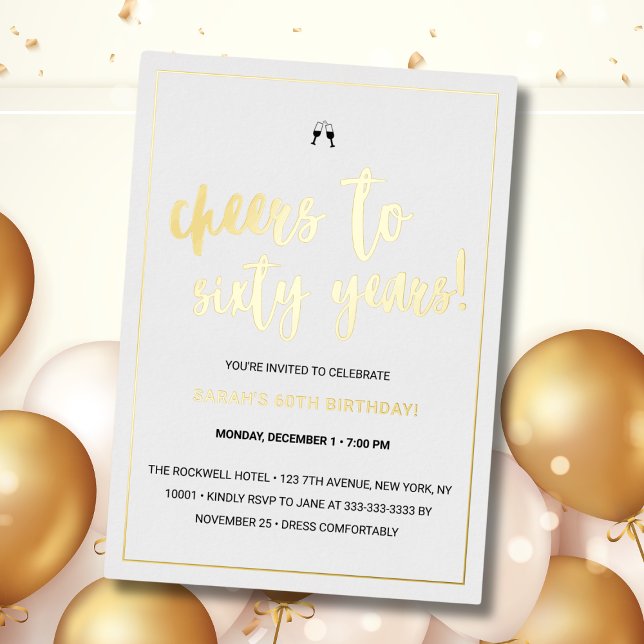 Cheers to 60 Years White Gold Foil Invitation (Creator Uploaded)