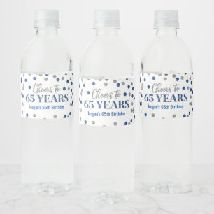 Cheers to 65 Years Blue Silver Confetti Birthday Water Bottle Label