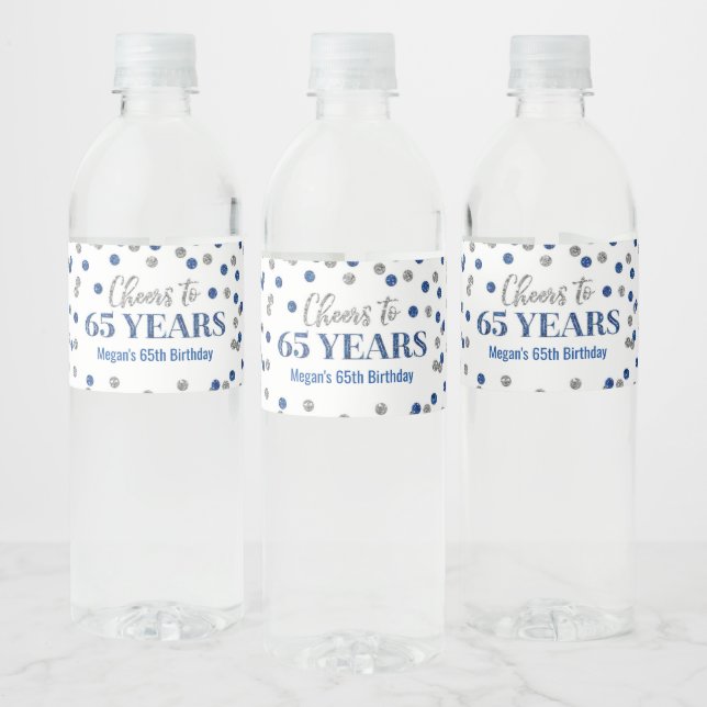 Cheers to 65 Years Blue Silver Confetti Birthday Water Bottle Label (Bottles)