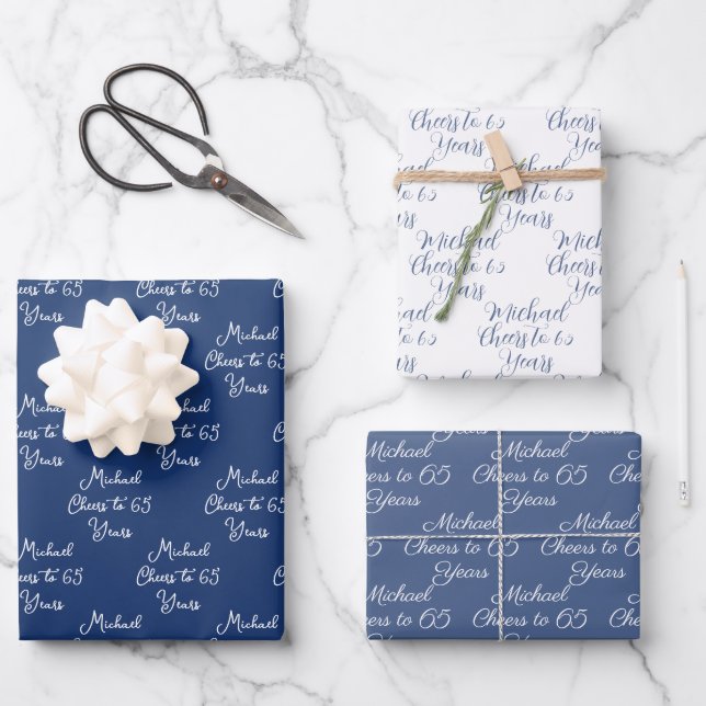 Cheers to 65 Years Navy Blue 65th Birthday Wrapping Paper Sheet (Front)