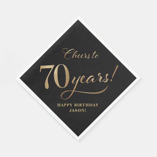 Cheers to 70 Birthday Glitter Black and Gold Napkin (Corner)
