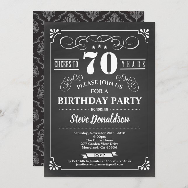 Cheers to 70 year 70th birthday party chalkboard invitation (Front/Back)