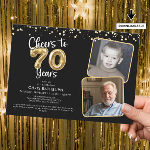 Cheers to 70 Years 2 Photos Script Balloon Invitation