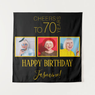 Cheers to 70 years 3 Photos Elegant Black Gold Tapestry