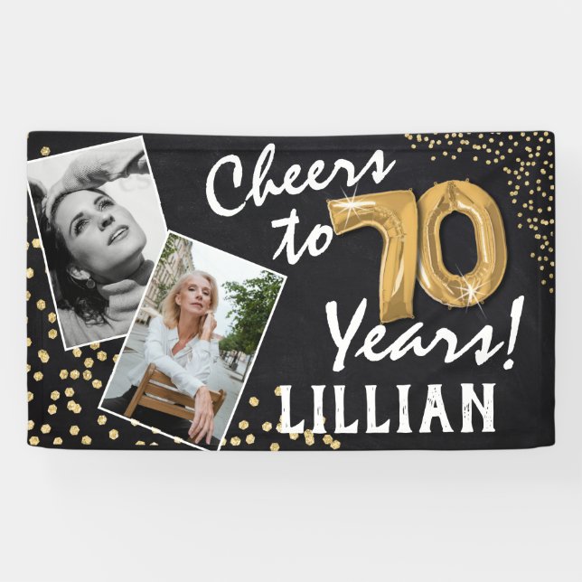 Cheers to 70 Years! Gold Balloons Photos Birthday Banner (Horizontal)