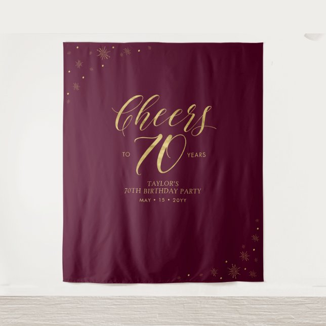 Cheers to 70 years | Gold & Red Birthday Party Tapestry (Front)