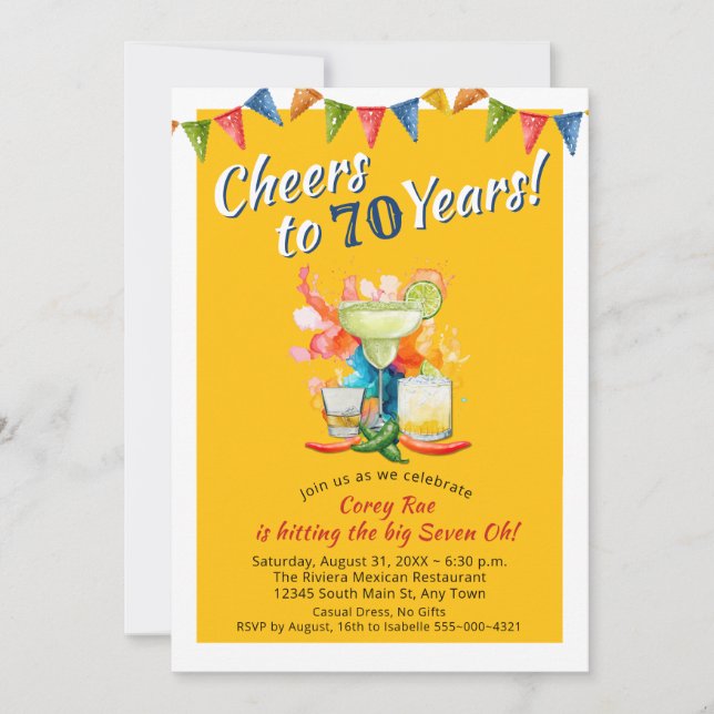 Cheers to 70 Years Modern Fiesta 70th Birthday  Invitation (Front)