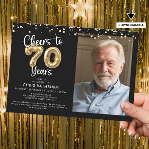 Cheers to 70 Years Photo Script Balloon Confetti Invitation