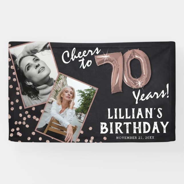 Cheers to 70 Years Rose Gold 2 Photo Birthday Banner (Horizontal)