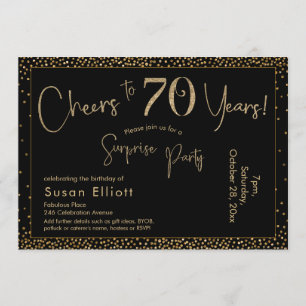 Cheers to 70 Years Surprise Birthday Gold & Black Invitation