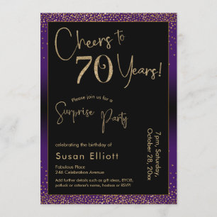 Cheers to 70 Years Surprise Birthday Party, Purple Invitation