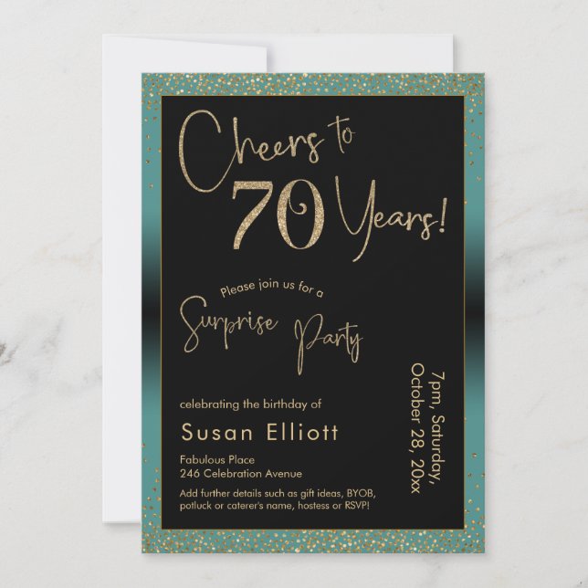 Cheers to 70 Years Surprise Birthday Party, Teal Invitation (Front)