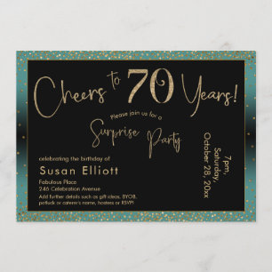 Cheers to 70 Years Surprise Birthday Teal and Gold Invitation
