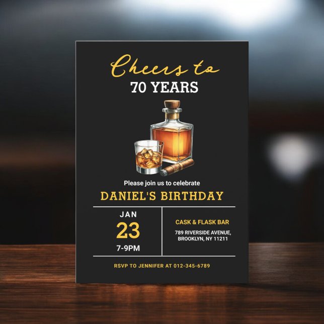 Cheers to 70 Years Whiskey Cigar Bourbon Birthday Invitation (Creator Uploaded)