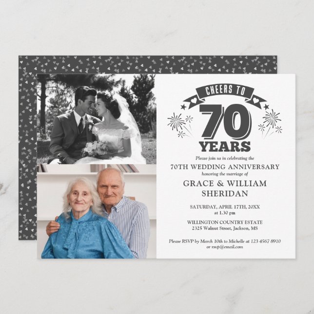 Cheers To 70th Wedding Anniversary 2 Photo Invitation (Front/Back)