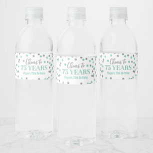 Cheers to 75 Years Aqua Silver Confetti Birthday Water Bottle Label
