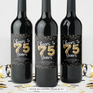 Cheers to 75 Years Black Gold Confetti Birthday Wine Label