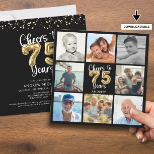 Cheers to 75 Years Photo Collage Balloons Birthday Invitation