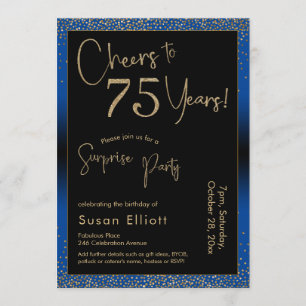 Cheers to 75 Years Surprise Birthday Party Blue Invitation