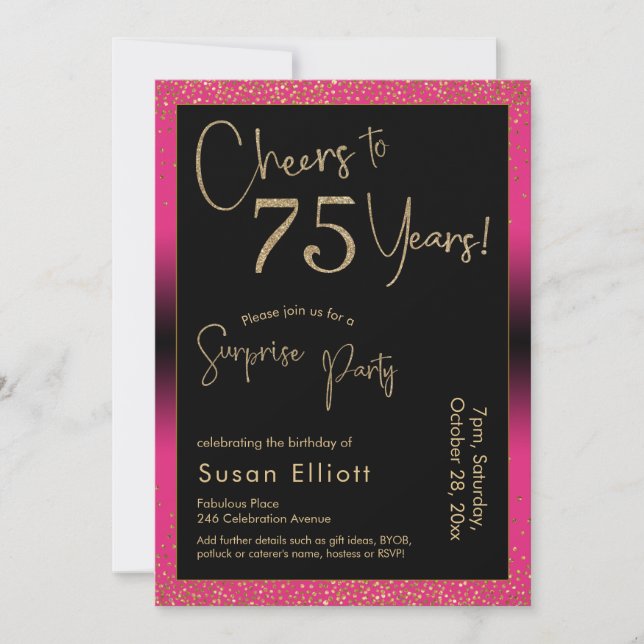 Cheers to 75 Years Surprise Birthday Party, Pink Invitation (Front)