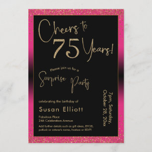 Cheers to 75 Years Surprise Birthday Party, Pink Invitation