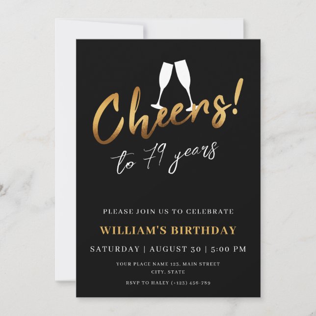 Cheers to 79 Years Gold Black Adult Birthday Photo Invitation (Front)