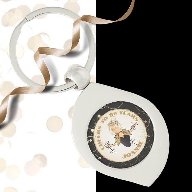 Cheers to 80  Funny  Cartoon For Her 80th Birthday Key Ring (Creator Uploaded)