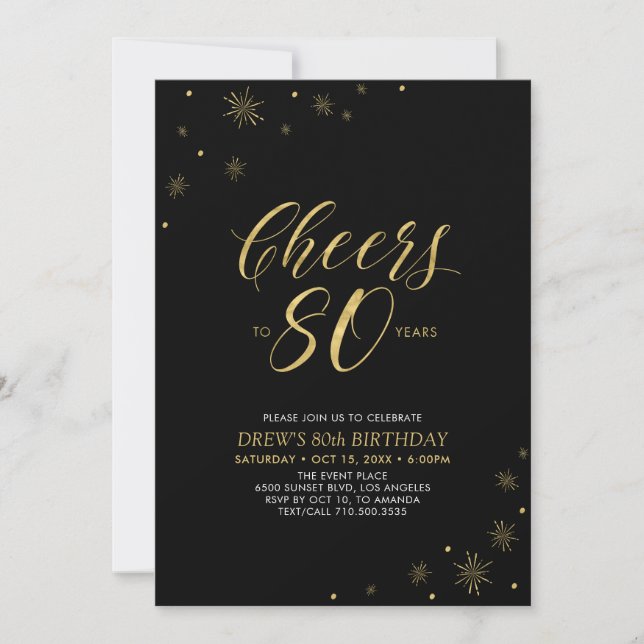 Cheers to 80 | Gold & Black 80th Birthday Party Invitation (Front)