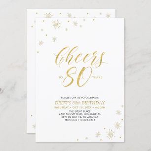 Cheers to 80   Gold & White 80th Birthday Party Invitation