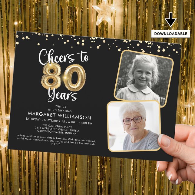 Cheers to 80 Years2 Photos Script Balloon Confetti Invitation (Creator Uploaded)