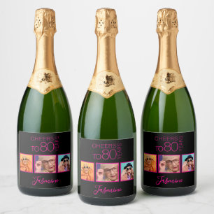 Cheers to 80 years 3 Photos Black Pink Elegant Sparkling Wine Label