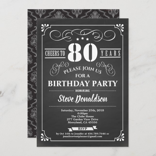 Cheers to 80 years 80th birthday party chalkboard invitation (Front/Back)