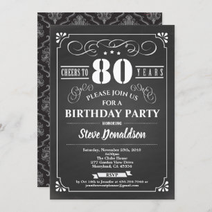 Cheers to 80 years 80th birthday party chalkboard invitation