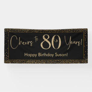 Cheers to 80 Years Birthday Black w/ Gold Confetti Banner